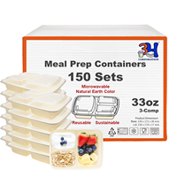 Contenants de préparation de repas 3H 33oz avec couvercles, 3 compartiments [150 unités, 300 pièces] – Contenants alimentaires à emporter, compatibles micro-ondes, lave-vaisselle et congélateur