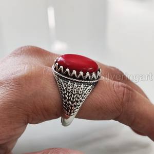 Anillo de Plata de Ley 925 para Hombre con Coral Rojo Natural, Todas las Tallas, Estilo Otomano, Regalo de Aniversario o Navidad, Venta al Por Mayor - Product Image 3