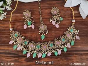 Bijoux antiques indiens Mehendi, beaux accessoires de bijoux pour femmes, vêtements de fête, ensemble de colliers courts antiques - Product Image 2