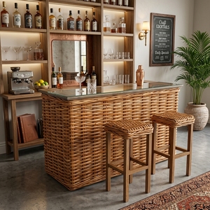 Wholesale Natural Grey Rattan Wicker Wood <b>Bar</b> Counter <b>Table</b> Tempered Glass Top Traditional Design for Commercial Hotel - Product Image 2