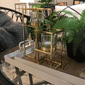 Porte-bougie rond en métal géométrique doré moderne, coupes en verre, porte-bougie en fil métallique contemporain, résistant à la chaleur pour Noël et Pâques - Product Image 4