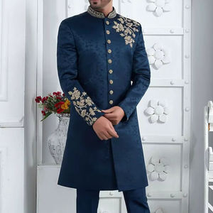 2025 @ Vestido de pantalón y Sherwani azul marino elegante personalizado para hombre con cuentas de cristal adornadas, Dabka, Zari Work para ropa de fiesta - Product Image 1