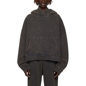 เสื้อฮู้ดดี้ทรงบ็อกซี่แบบครอปสำหรับผู้ชาย พิมพ์โลโก้ตามสั่ง ปี 2026 ผ้าฟอกสี 500gsm คุณภาพสูง ทรงโอเวอร์ไซส์ สีดำ ลุคทำเก่า - Product Image 2