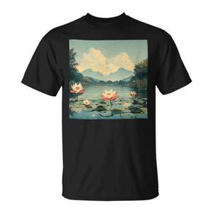 T-shirt graphique vintage avec paysage de lac serein et nénuphar - Product Image 1
