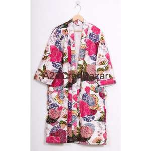Bata Kimono de Algodón 100% de Primera Calidad, Color Blanco, Estilo Kantha, para Mujer, de la India - Product Image 1