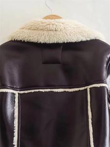 Veste bomber en cuir pour femme, courte, marron, doublée de fourrure épaisse et chaude, pour l'automne/hiver - Product Image 3