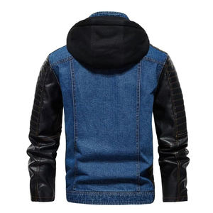 Chaqueta de tendencia superior para hombres, venta al por mayor personalizada, cuerpo de mezclilla, Mangas de cuero real, chaquetas de motorista con capucha Bomber con marca personalizada - Product Image 6