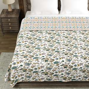 Manta de verano doble Dohar hecha a mano con estampado de bloques de la India en verde Ikat 205x250cm - Product Image 5