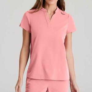 Top à col en V coupe moderne pour femmes Top à manches crantées à col à bandes et 2 poches Bright Papaya - Product Image 1