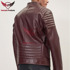 Blouson en cuir véritable bordeaux pour homme, col montant, épaules côtelées, poches zippées, en peau de mouton, style motard, vêtement d'extérieur personnalisé pour l'hiver - Product Image 2