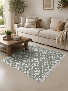 Tapis d'intérieur en coton tissé à la main, vert sauge, motif géométrique aztèque, avec franges, pour salon, décoration intérieure - Product Image 1