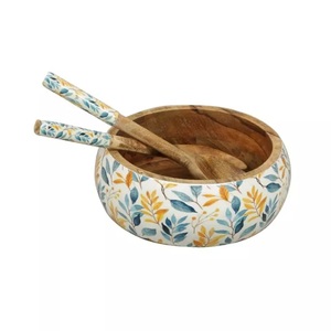 High Quality Latest Design Handmade Wooden Enamel Bowl Mango wood <b>large</b> round salad serving bowl with floral enamel pattern - Product Image 2