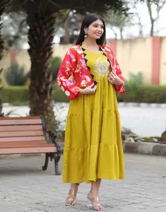 Good Looking Yellow Kurti With Pink Cotty Print New Arrival Nice Kurti for Party Wear Wholesale kurtie