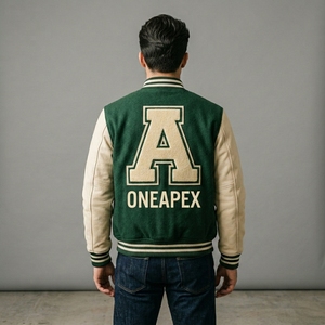 Blouson universitaire vert crème en laine avec manches en cuir, col et poignets en tricot côtelé, fermeture à boutons-pression, logo personnalisé, streetwear, vêtement d'extérieur, manteau pour homme - Product Image 2