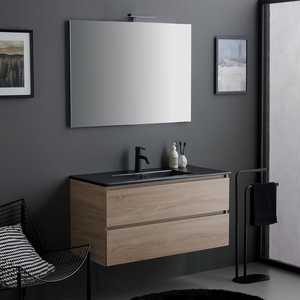 Meuble de salle de bain en chêne de 100 cm avec lavabo noir mat et miroir, lampe Belize - Ensembles de salle de bain élégants - Product Image 1