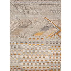 Tapis géométriques noués à la main en laine et soie de bambou Manchaha 9x12 rectangulaires pour salon ou couloir - Les-940 Gris & Noir - Product Image 1