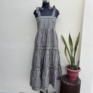 Style chaud élégant fête une ligne robe à bretelles réglables rayure coton longues robes d'été sans manches pour femmes - Product Image 4