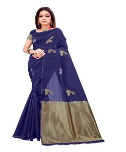 SAREE DE TRAVAIL EN JACQUARD DE SOIE BLEU AVEC CHEMISIER NON COUDU saris de fête mariage PRIX DE VENTE ENTIER VÊTEMENT ETHNIQUE - Product Image 1