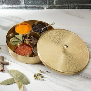 Stylish Brass <b>Spice</b> <b>Box</b> Traditional <b>Masala</b> <b>Dabba</b> With Multiple Compartments For Indian Kitchen Storage Cooking Essentials - Product Image 2