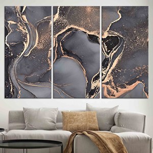 Art sur toile en verre teinté moderne : impression marbre gris et or, lot de 3 toiles - Product Image 1