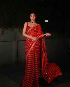 Precio inmejorable para puro suave Georgette rojo sari con blusa elegante étnico pesado fiesta boda Festival desgaste para mujer chica - Product Image 1