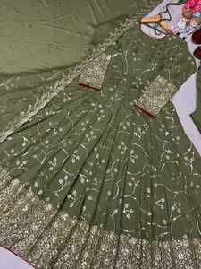 ชุดทำงานแขนเสื้อปักลาย Georgette กับ dupatta Wine pishwas anarkali gharara - Product Image 5