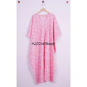 Hermoso Vestido Kaftán Largo Indio Estilo Hippie para Mujer, Estampado a Bloques, Algodón Lavable, Cintura Natural, Ropa de Dormir - Product Image 6