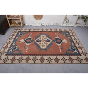 Alfombra Kilim turca Vintage de 5,2x7,4 pies, diseño de retazos rojo y azul, Material de lana, respaldo de látex, rectángulo abstracto de 10mm para vivir - Product Image 3