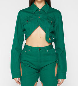 Chaqueta de mezclilla verde para mujer, talla XL, venta al por mayor, Chaqueta de algodón de diseño personalizado, estilo recortado, estampado de botones frontales, Otoño e Invierno sólido - Product Image 5