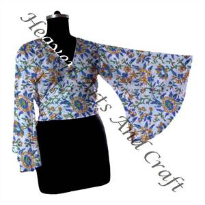 Cotton Top Front <b>Tie</b> Summer Cotton Blouse, Boho Hippie Comfy <b>Wrap</b> Top Gift For Her Handmade <b>Tie</b> Top Bohemian Cotton Bell Sleeve - Product Image 3