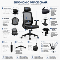 Chaise de bureau ergonomique moderne en maille, dossier en maille à haute élasticité, éponge, hauteur réglable, base pivotante en nylon, appui-tête fixe