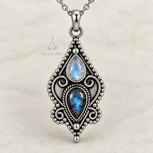 Collier en labradorite et pierre de lune arc-en-ciel, pendentif double pierre en argent sterling 925 - Product Image 1