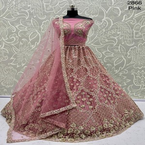 ชุด lehenga choli ตาข่ายสีชมพูกุหลาบที่สง่างามเสื้อปักลายดูปองตาสไตล์ดั้งเดิมสำหรับงานแต่งงานงานเฉลิมฉลอง