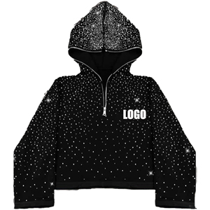 Sweat à capuche à demi-fermeture éclair avec impression de logo personnalisé pour hommes avec strass sur le visage Streetwear Boxy Sweat à capuche court Design personnalisable vierge - Product Image 4