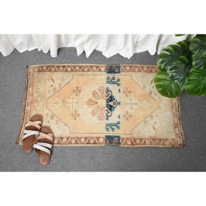 Vintage Turkish Small Rug 1.9x3.3 ft, <b>Brown</b> Blue Polka dot <b>Wool</b> Rug - Product Image 4