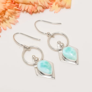 Vente chaude 925 Sterling Silver Fine Jewelry Boucles D'oreilles Naturel Larimar Gemstone Drop Dangle Main Boucle D'oreille Cadeau pour Elle - Product Image 2