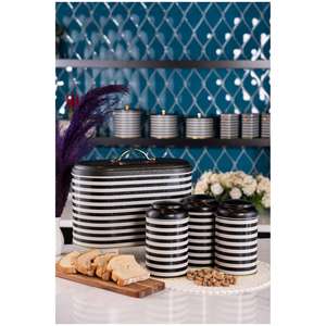 Juego de cocina de caja de lata redonda de 4 piezas Tapa de cúpula Diseño de línea de patrón de línea en blanco y negro - Product Image 1