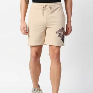 Shorts en coton beige pour homme avec broderie loup, logo personnalisé imprimé, taille à cordon de serrage, pantalon court décontracté - Product Image 1