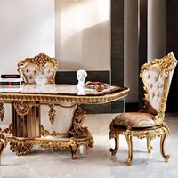 Ensemble de table à manger convertible 5 pièces en bois massif d'acajou européen de luxe, sculpté à la main avec des motifs dorés, style mi-siècle, pour appartement ou hôtel