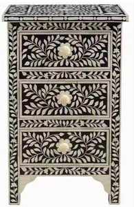 Indian Handmade Floral Bone Inlay Mother of Pearl Inlaid 3 <b>Drawer</b> <b>Side</b> <b>Table</b> Bedroom Living Room Furniture - Product Image 5