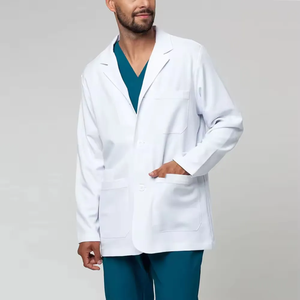 Blouse de laboratoire en coton blanc avec manches longues Style classique longueur genou et poches pour hôpital médical et professionnel de laboratoire - Product Image 1