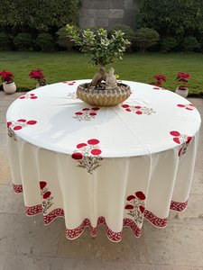 ผ้าปูโต๊ะกลมผ้าฝ้ายแท้พิมพ์ลายดอกไม้สีแดงทำมือ สำหรับงานแต่งงาน งานเลี้ยงที่บ้าน งานปาร์ตี้ และใช้งานกลางแจ้ง (สามารถปรับแต่งได้) - Product Image 4