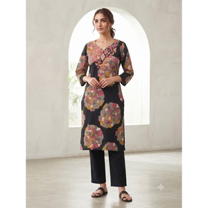 Vestido tipo túnica para mujer, negro, bordado, tejido, 100% algodón, transpirable, informal, para uso diario, cuello en V, estampado floral, manga 3/4 - Product Image 1