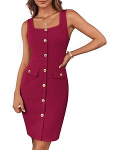 Robe crayon sans manches à col carré avec boutons sur le devant et poches en couleur bordeaux unie pour le bureau - Product Image 1