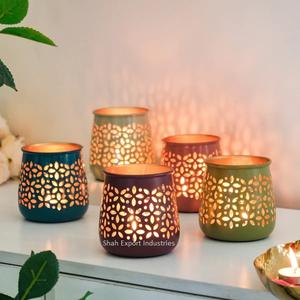 Set of 2 Etching Design Enamel Color Round Shape Metal <b>Tea</b> Light <b>Candle</b> Votive for Home & Wedding Tabletop Decorations - Product Image 6