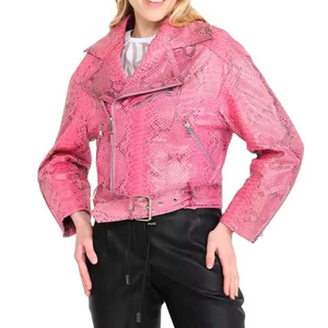 Veste en cuir rose unique pour motard, effet peau de serpent, véritable fermeture éclair, coupe-vent, respirante, chauffante, motif animal embossé 2026 - Product Image 1
