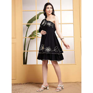 DEEBACO Women's Solid Black Woven Rayon Knee-Length One Shoulder Asymmetric Tiered Embroidered Washable Stylish One Piece <b>Dress</b> - Product Image 3