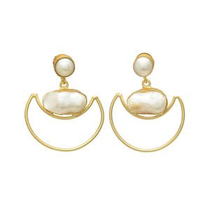 Oyster White Natural Freshwater Pearl <b>Moon</b> Shape Vintage Christian Stud <b>Earrings</b> Brass 24K Gold Plated Handmade Statement Women - Product Image 1