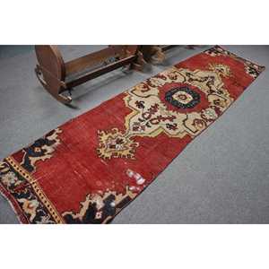 Tapis de 2,8 x 11,1 pieds, tapis turc vintage, tapis en laine rouge et bleu uni - Product Image 2