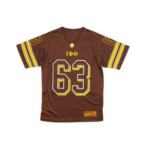 Iota Phi Theta Football Jersey Tee Marron avec Or 63 Numéro Manches Rayées Collegiate Greek Life Athletic Fraternité Shirt - Product Image 1